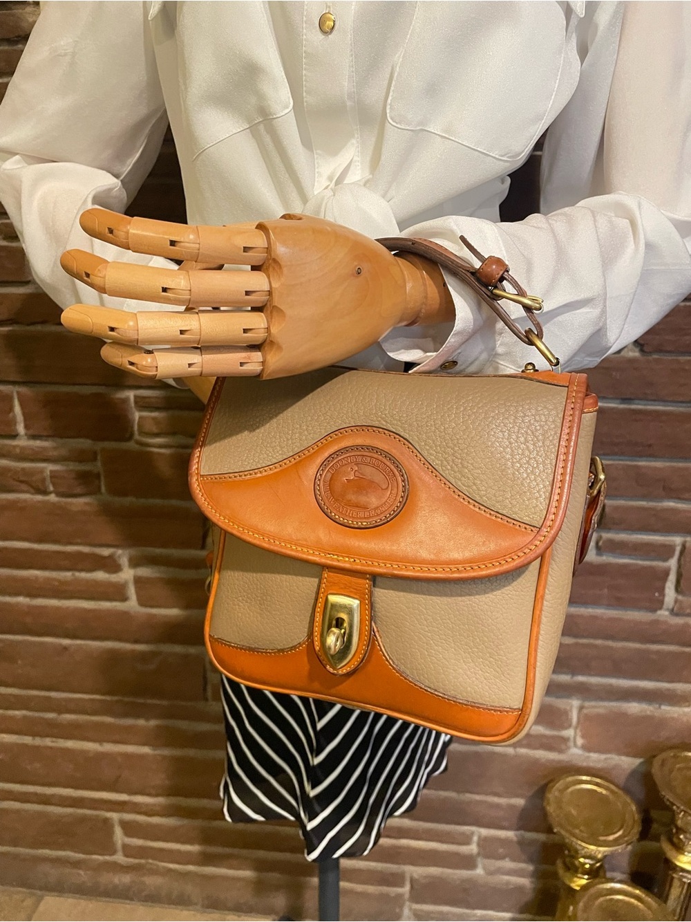 Dooney & Bourke  AWL CarrierTan and Taupe Leather Crossbody Satchel - Picture 12 of 16